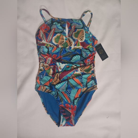Kathy Ireland Blue and Red Tropical Swim Shorts - Picture 1 of 5